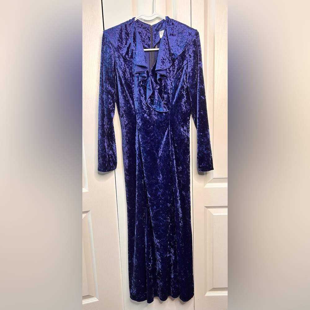 Carol Wior Women’s V-Neck Elegant Blue Velvet Slit Maxi‎ Dress Vintage Size 8